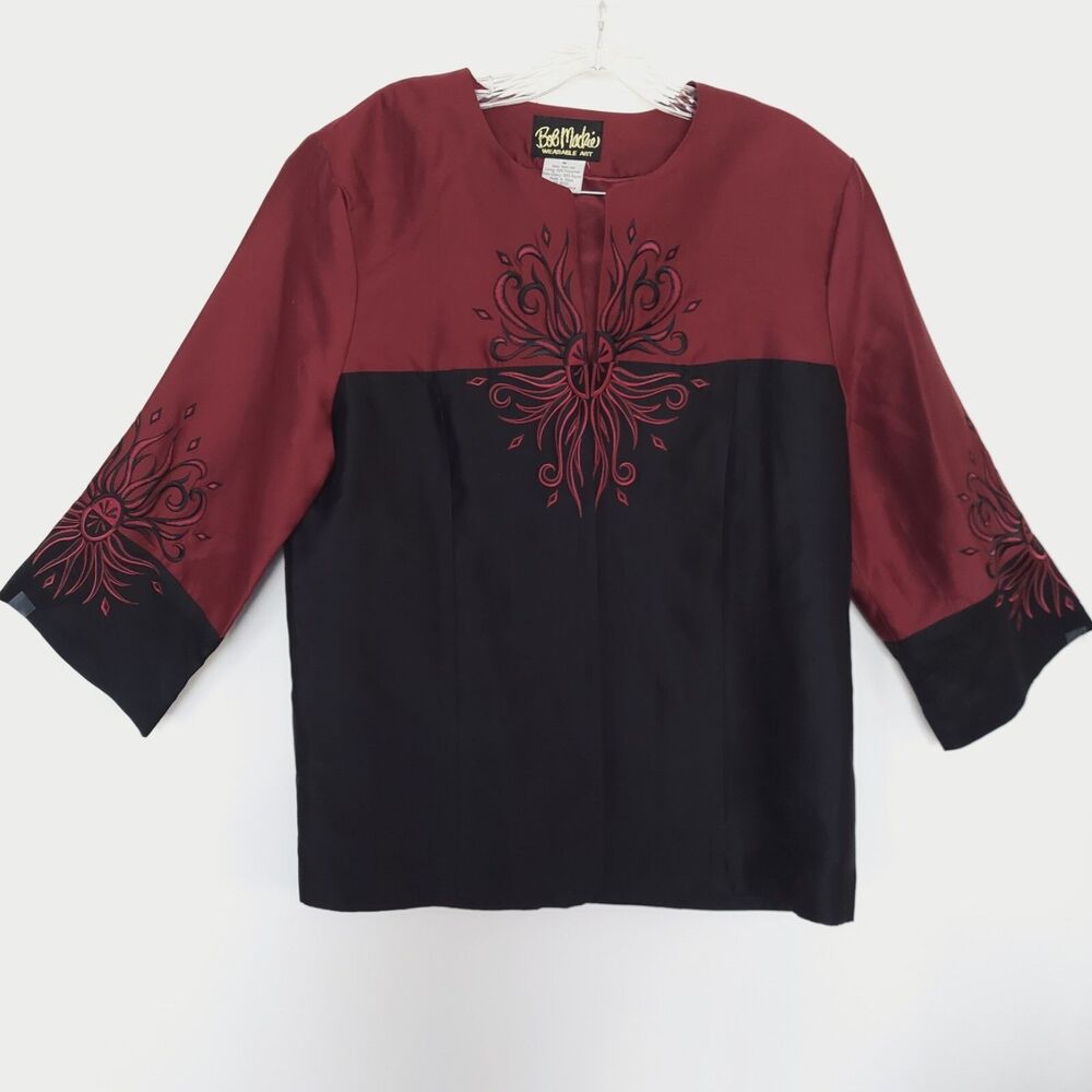 Bob Mackie Asian Inspired Open Front Top Silk Red Black Size M Wearable Art